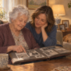 Illustration of an older woman and a family member looking at a photo album together.