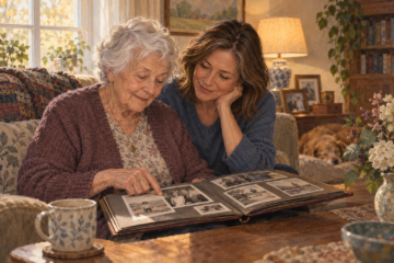 Illustration of an older woman and a family member looking at a photo album together.